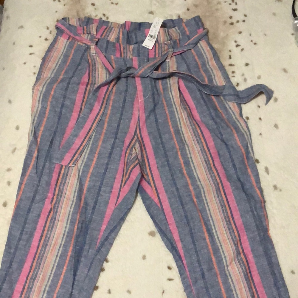 Striped Paperbag Waist Linen-Blend Pants - Blue & Pink